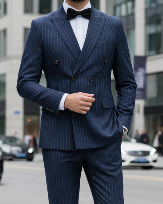 Men’s Classic Pinstripe Suit – Elegant Double Breasted 2 Piece