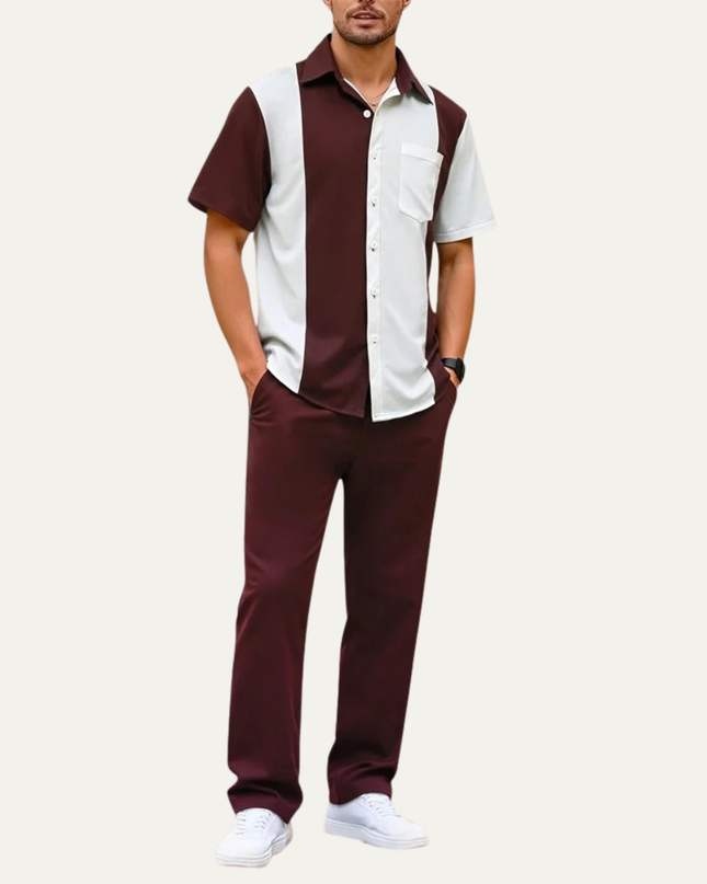 Men’s Colour Block Short Sleeve Shirt and Trousers Set