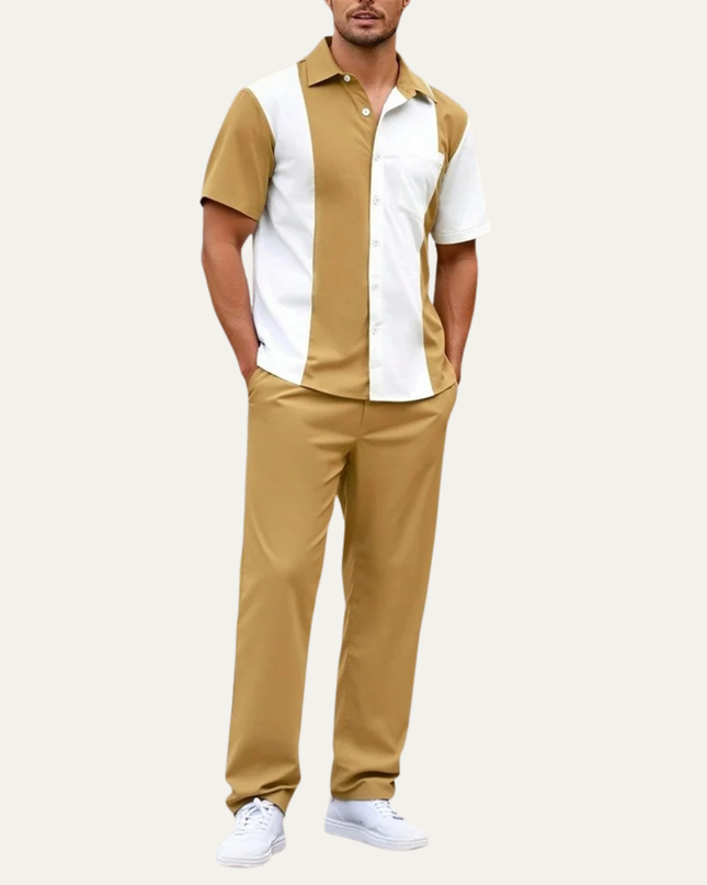 Men’s Colour Block Short Sleeve Shirt and Trousers Set