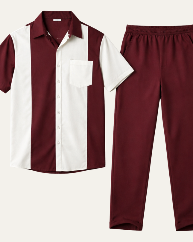 Men’s Colour Block Short Sleeve Shirt and Trousers Set