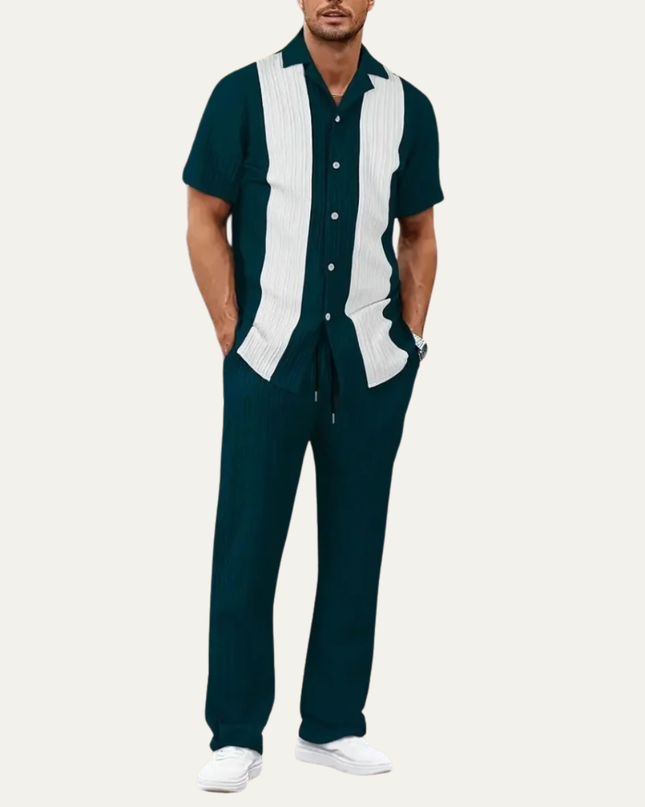 Men’s Contrast Panel Short Sleeve Shirt and Trousers Set