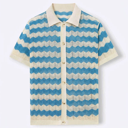 Men’s Knit Shirt – Short Sleeve Button-Up with Stripe Pattern