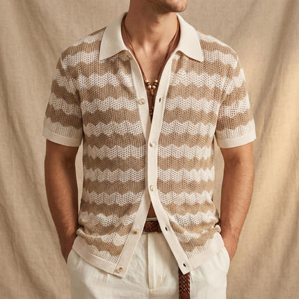 Men’s Knit Shirt – Short Sleeve Button-Up with Stripe Pattern