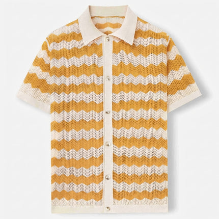 Men’s Knit Shirt – Short Sleeve Button-Up with Stripe Pattern