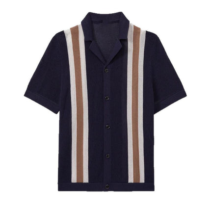 Men’s Knit Shirt – Short Sleeve Button-Up with Vertical Stripes