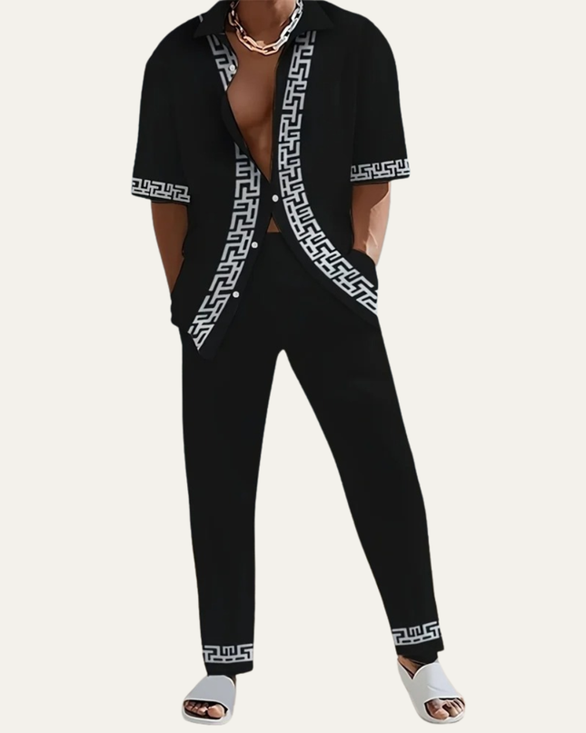 Men’s Pattern Panel Short Sleeve Shirt and Trousers Set