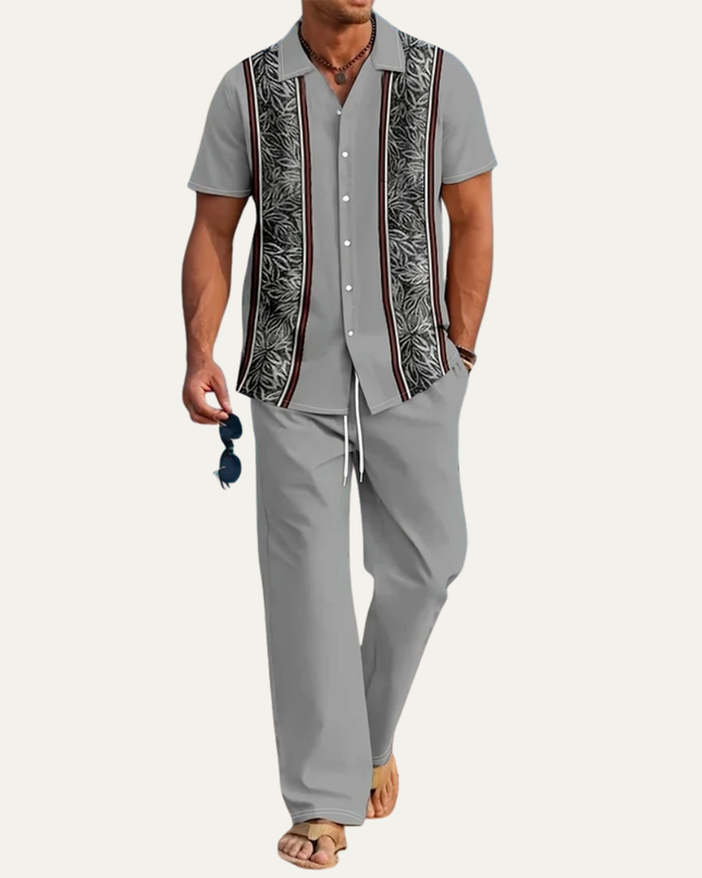 Men’s Pattern Panel Short Sleeve Shirt and Trousers Set
