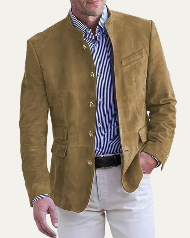 Men’s Stand Collar Button-Front Suede Jacket