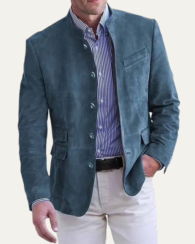 Men’s Stand Collar Button-Front Suede Jacket