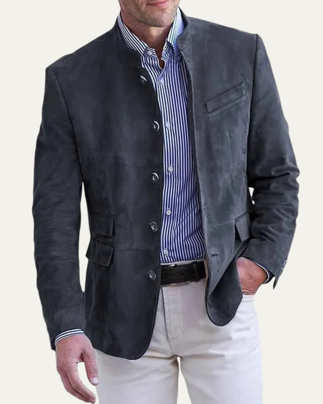 Men’s Stand Collar Button-Front Suede Jacket