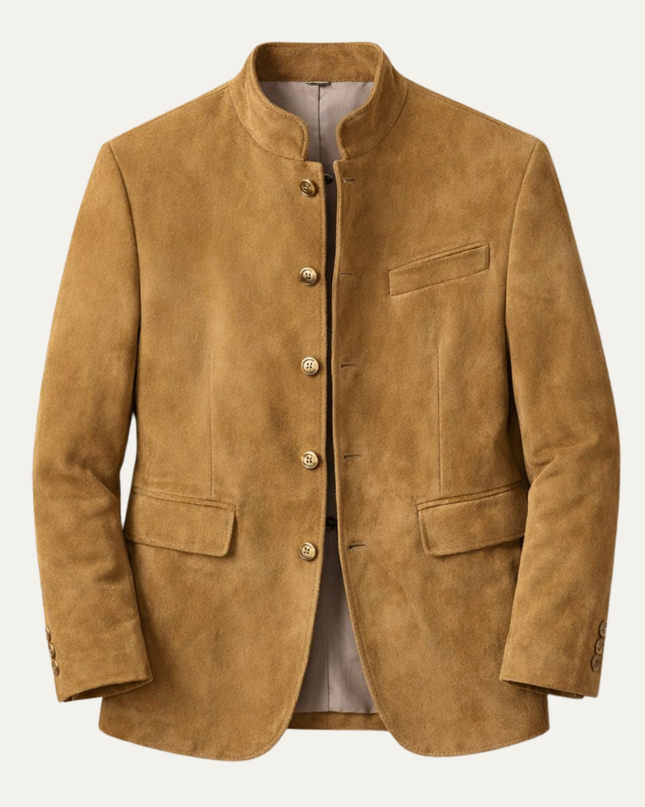 Men’s Stand Collar Button-Front Suede Jacket