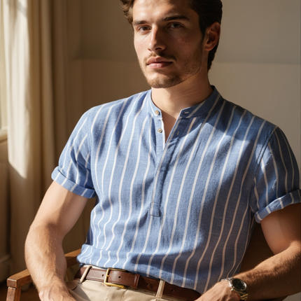 Men’s Striped Band Collar Shirt