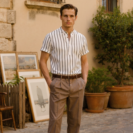 Men’s Striped Band Collar Shirt