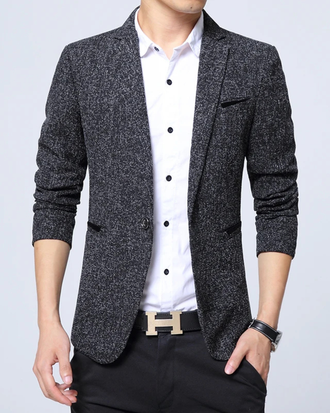 Men’s Textured Blazer with Notch Lapel and Single-Button Closure