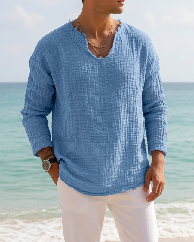 Men’s Textured V-Neck Long Sleeve Shirt