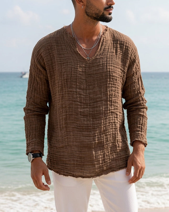 Men’s Textured V-Neck Long Sleeve Shirt