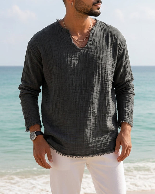 Men’s Textured V-Neck Long Sleeve Shirt