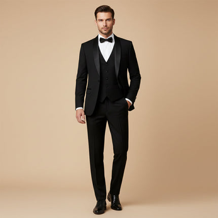 Men’s Three-Piece Suit Set with Peak Lapel Blazer and Straight-Leg Trousers