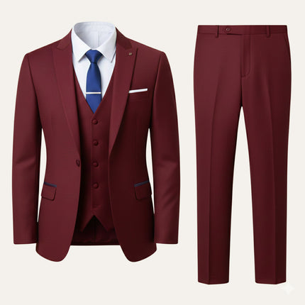 Men’s Three-Piece Suit Set with Peak Lapel Blazer and Straight-Leg Trousers
