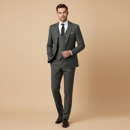 Men’s Three-Piece Suit Set with Peak Lapel Blazer and Straight-Leg Trousers