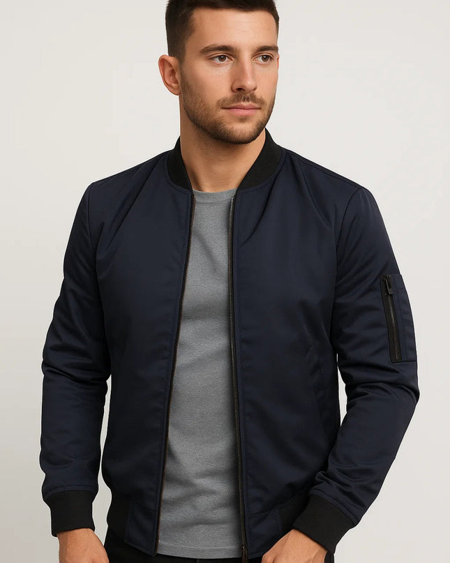Men's Bomber Jacket – Zip Front Ribbed Collar Everyday Layer