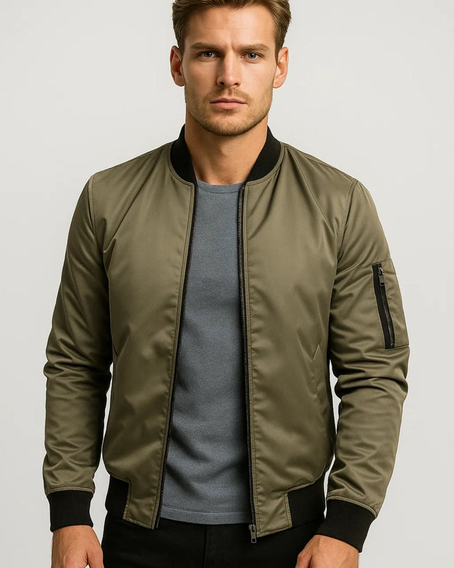 Men's Bomber Jacket – Zip Front Ribbed Collar Everyday Layer