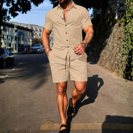 Men’s Short Sleeve Button-Up Shirt and Shorts Set with Drawstring