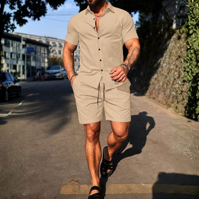 Men’s Short Sleeve Button-Up Shirt and Shorts Set with Drawstring