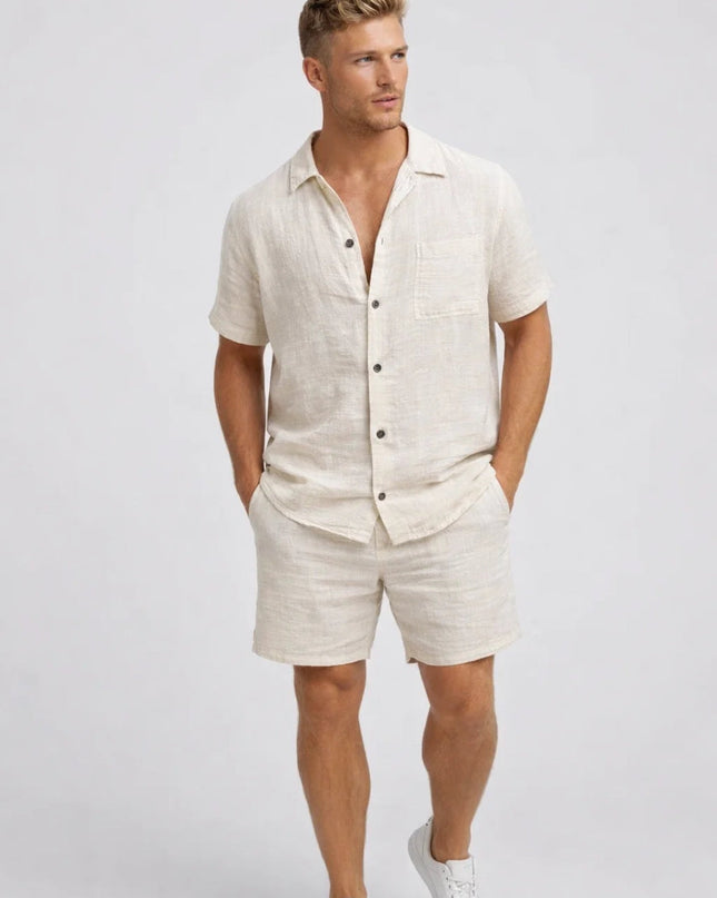 Men's Linen Look Co-Ord Set – Short Sleeve Shirt & Shorts