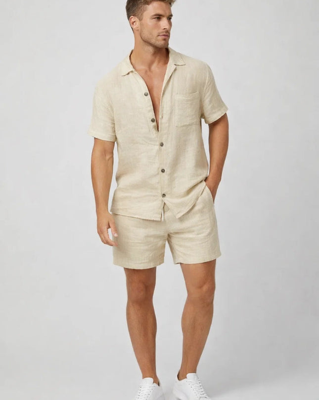 Men's Linen Look Co-Ord Set – Short Sleeve Shirt & Shorts