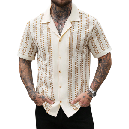 Men’s Short Sleeve Button-Up Shirt with Openwork Stripe Pattern