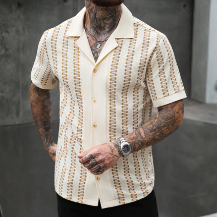 Men’s Short Sleeve Button-Up Shirt with Openwork Stripe Pattern