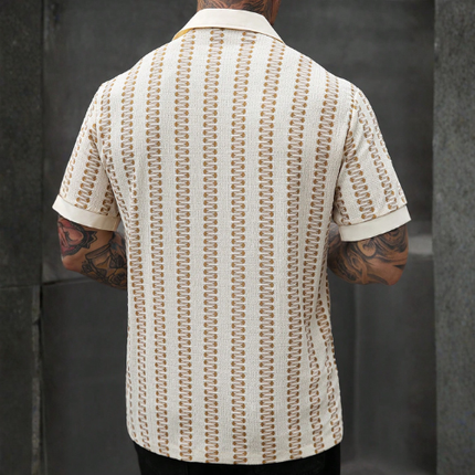 Men’s Short Sleeve Button-Up Shirt with Openwork Stripe Pattern
