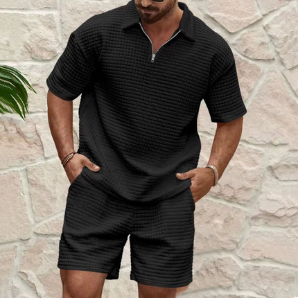 Men’s Short Sleeve Polo and Shorts Set with Textured Pattern