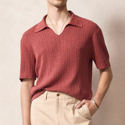 Men’s Ribbed Knit Polo Shirt – Short Sleeve Open Collar Top