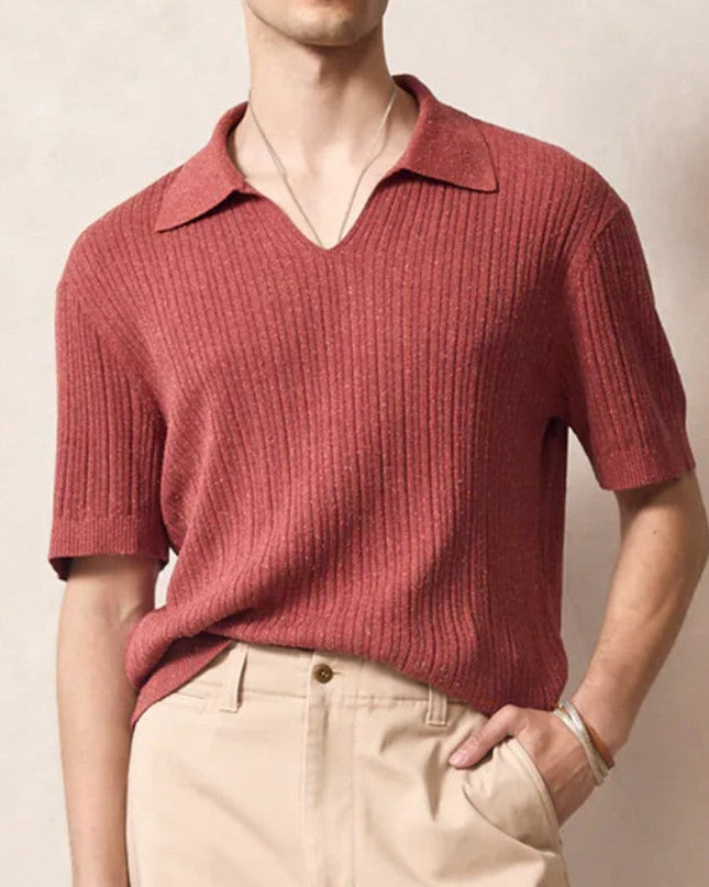 Men’s Ribbed Knit Polo Shirt – Short Sleeve Open Collar Top