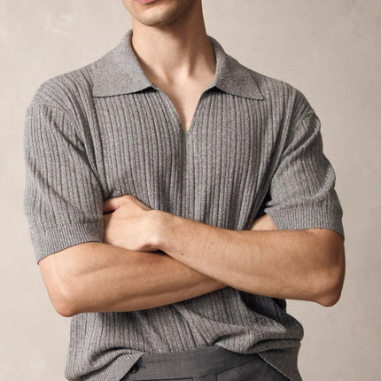 Men’s Ribbed Knit Polo Shirt – Short Sleeve Open Collar Top