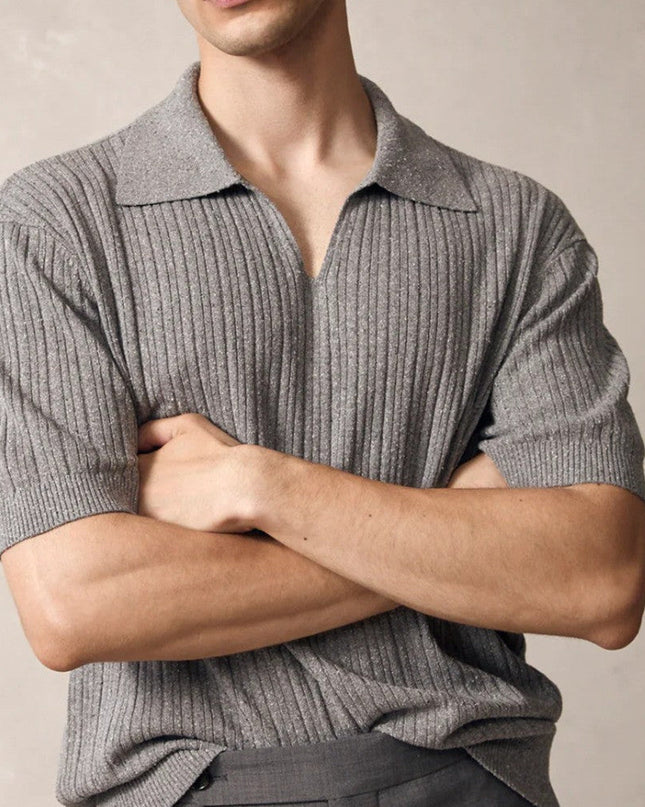 Men’s Ribbed Knit Polo Shirt – Short Sleeve Open Collar Top