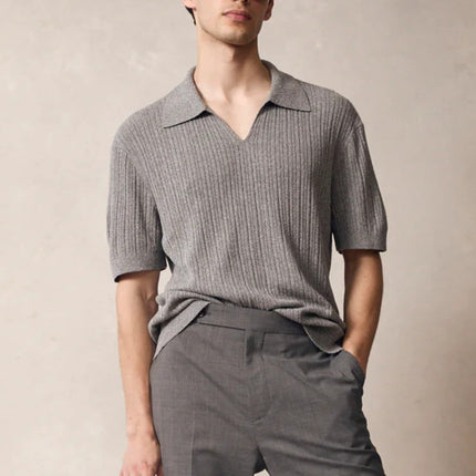 Men’s Ribbed Knit Polo Shirt – Short Sleeve Open Collar Top