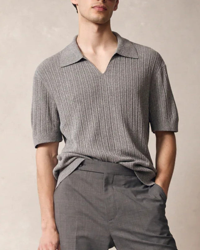 Men’s Ribbed Knit Polo Shirt – Short Sleeve Open Collar Top