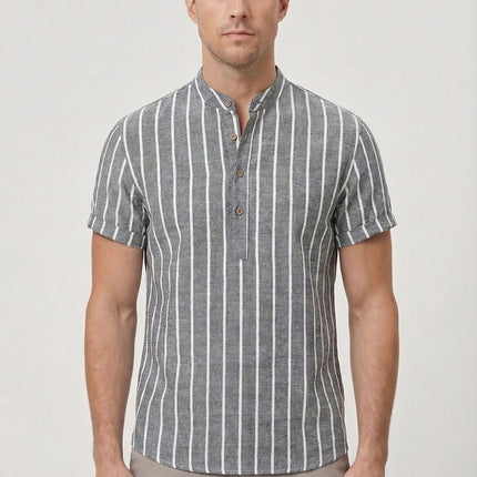 Men's Shirt Cotton Striped Short Sleeve Mandarin Collar Casual Summer