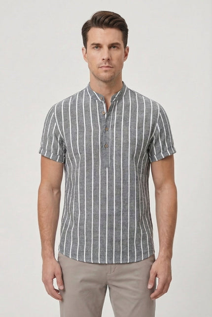 Men's Shirt Cotton Striped Short Sleeve Mandarin Collar Casual Summer