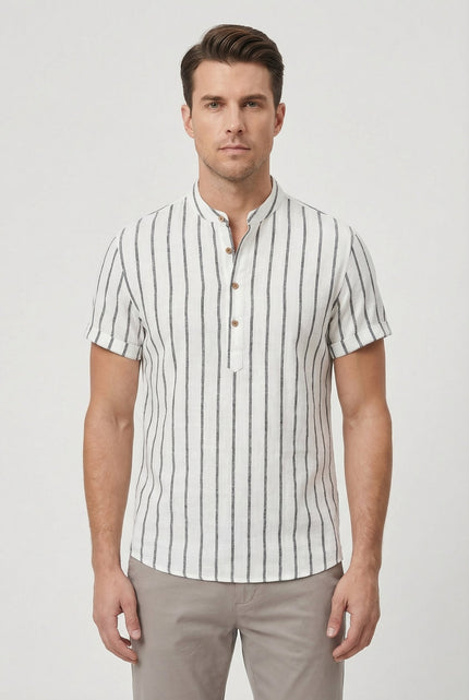 Men's Shirt Cotton Striped Short Sleeve Mandarin Collar Casual Summer