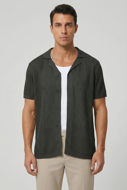 Men's Shirt Crochet Knit Relaxed Fit Button-Up Lightweight Casual Design