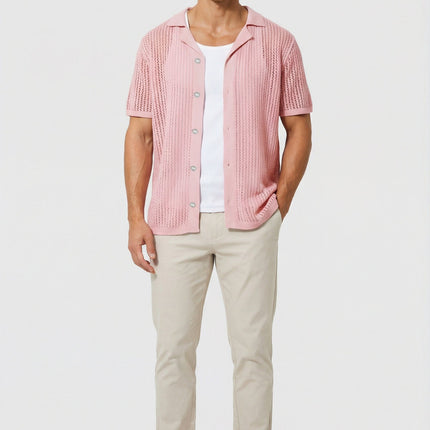 Men's Shirt Crochet Knit Relaxed Fit Button-Up Lightweight Casual Design