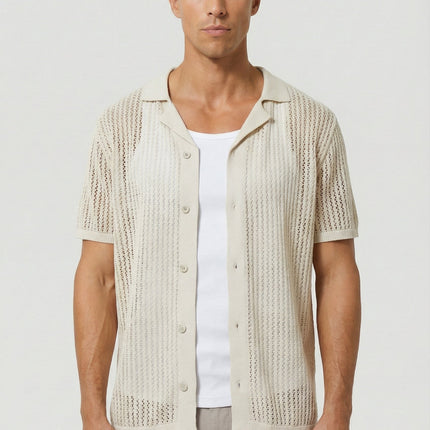 Men's Shirt Crochet Knit Relaxed Fit Button-Up Lightweight Casual Design