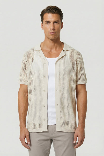 Men's Shirt Crochet Knit Relaxed Fit Button-Up Lightweight Casual Design