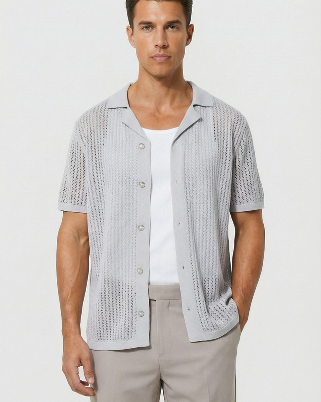 Men's Shirt Crochet Knit Relaxed Fit Button-Up Lightweight Casual Design