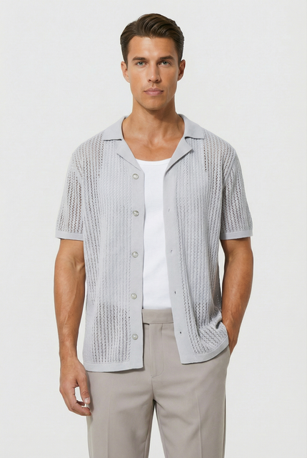 Men's Shirt Crochet Knit Relaxed Fit Button-Up Lightweight Casual Design
