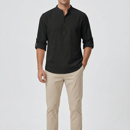 Men's Summer Shirt Linen Breathable Rolled-Up Sleeves